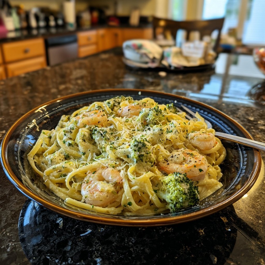 Shrimp And Broccoli Cream Pasta